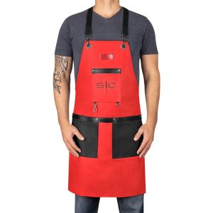 Waterproof Barber/Salon Apron with Crossback Strap in Red/Black Design