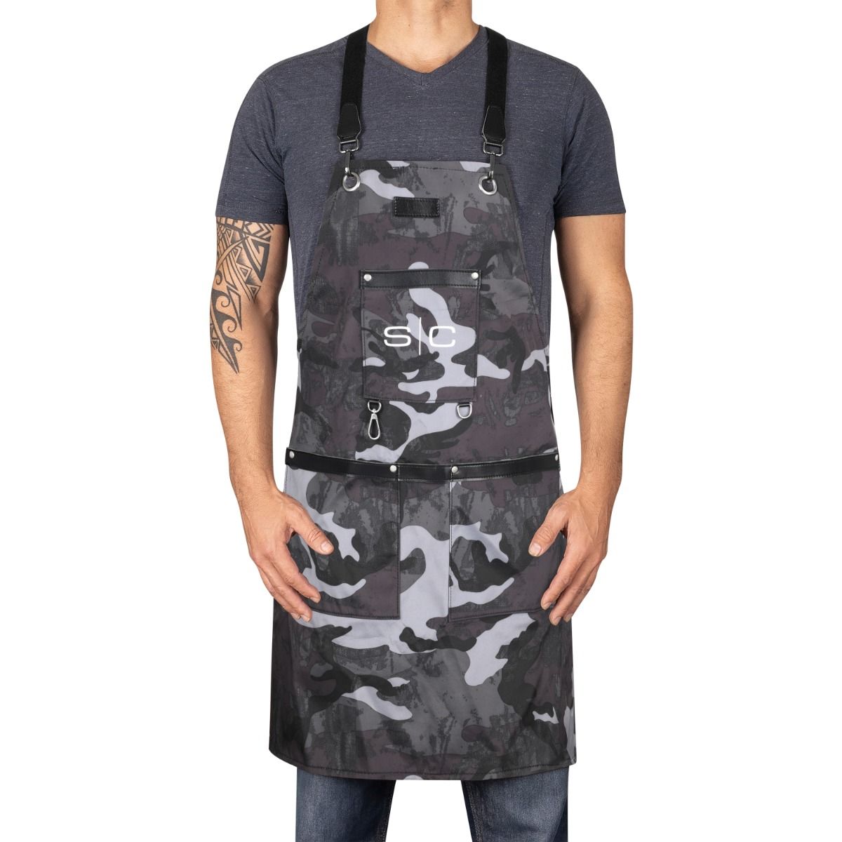 Waterproof Barber/Salon Apron with Crossback Strap in Black Camo Design