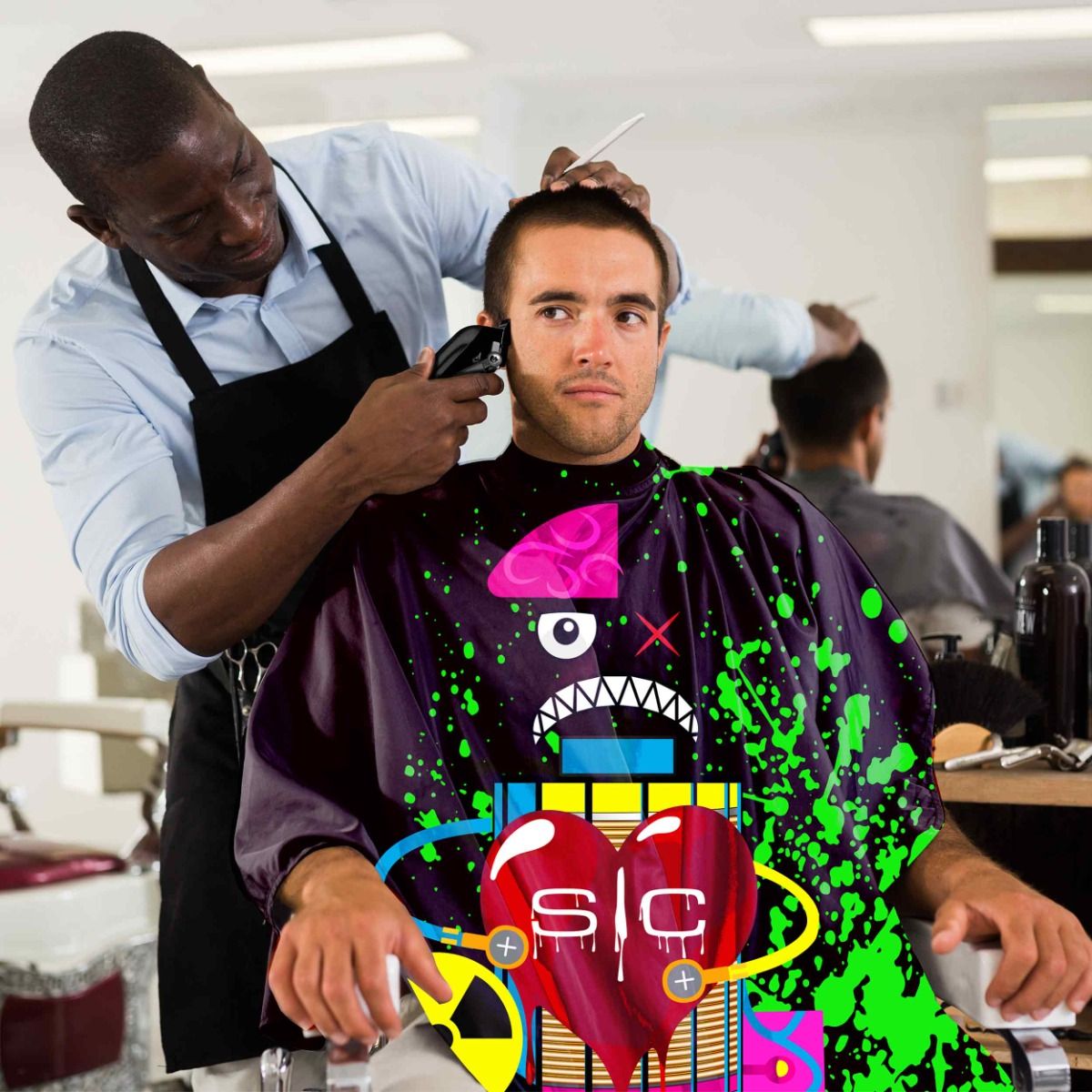 Waterproof Barber/Stylist Cape with Adjustable Closure in Radioactive Black Design - Image 5