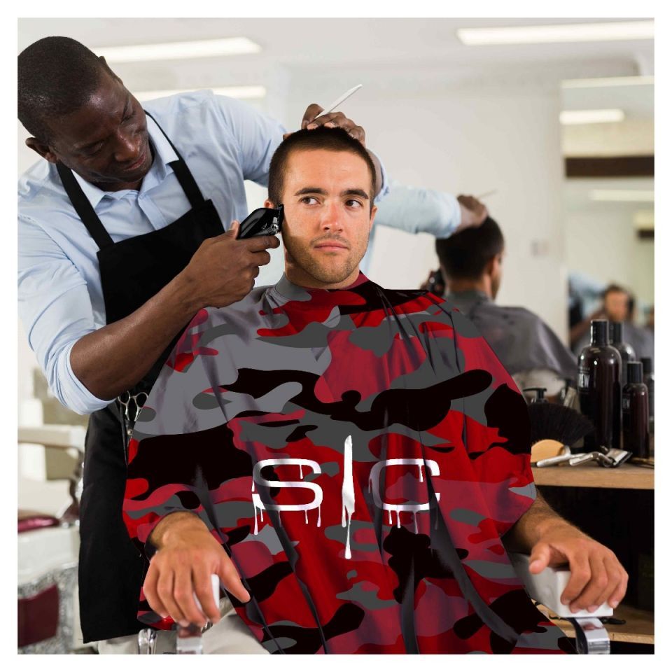 Waterproof Barber/Stylist Cape with Adjustable Closure in Red Camo Design - Image 4