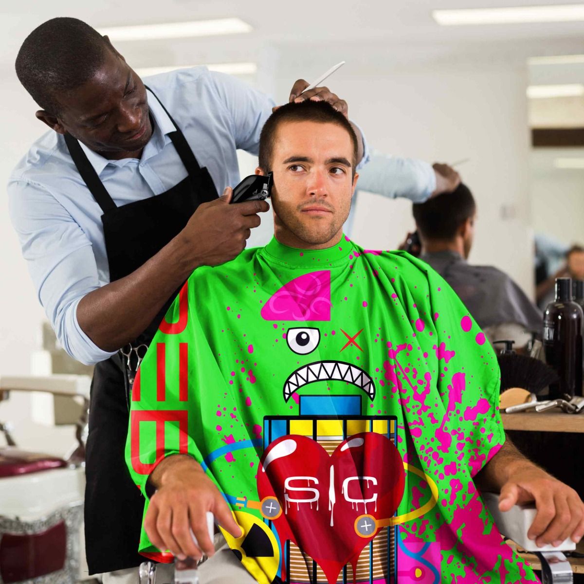Waterproof Barber/Stylist Cape with Adjustable Closure in Radioactive Green Design - Image 5
