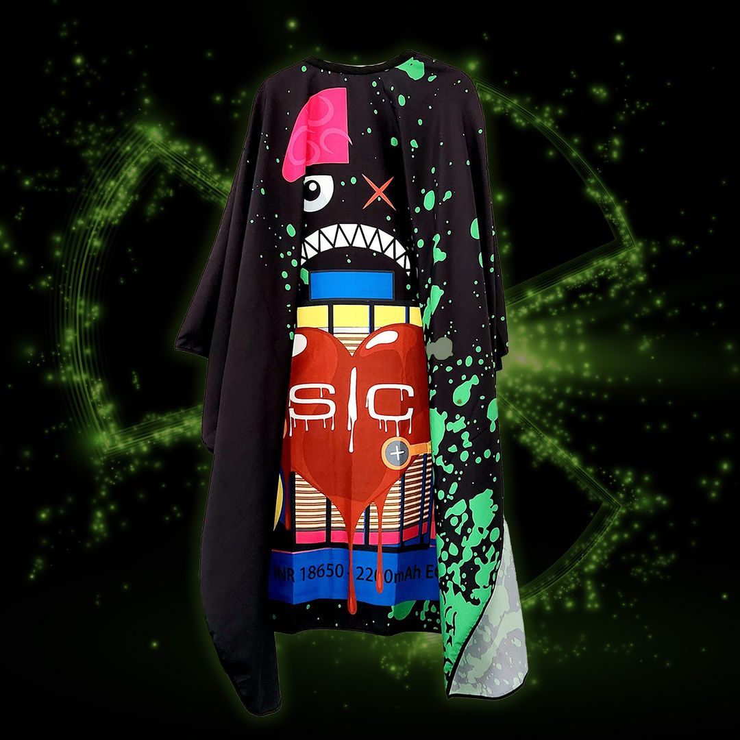 Waterproof Barber/Stylist Cape with Adjustable Closure in Radioactive Black Design - Image 2