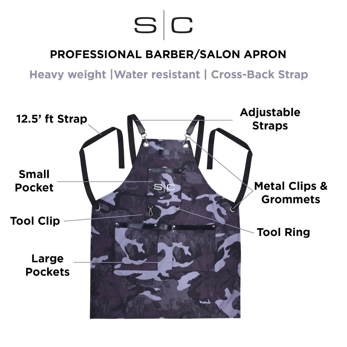 Waterproof Barber/Salon Apron with Crossback Strap in Black Camo Design - Image 8