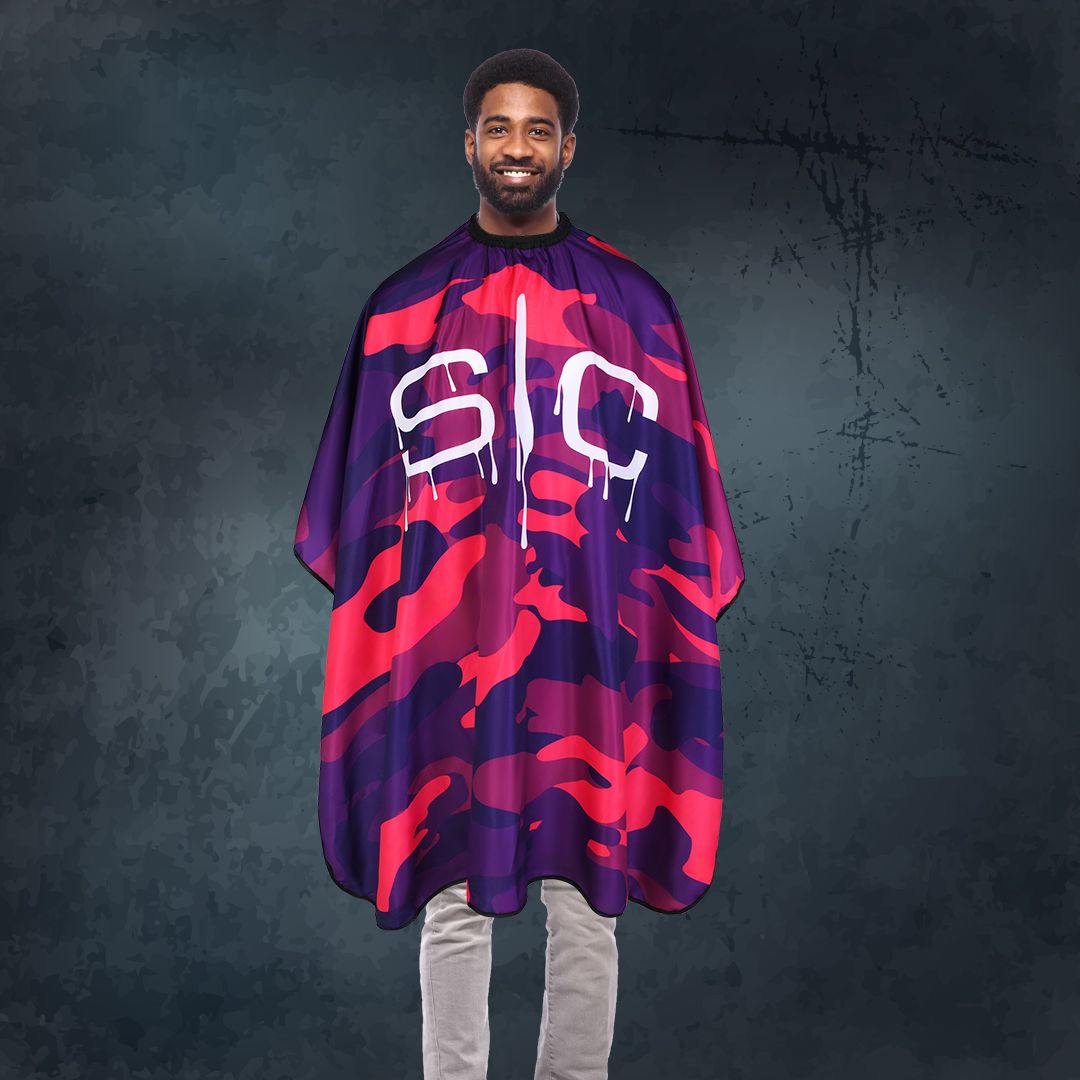 Waterproof Barber/Stylist Cape with Adjustable Closure in Pink and Purple Camo Design - Image 4