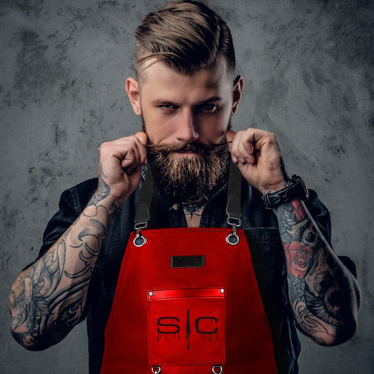 Waterproof Barber/Salon Apron with Crossback Strap in Red/Black Design - Image 7