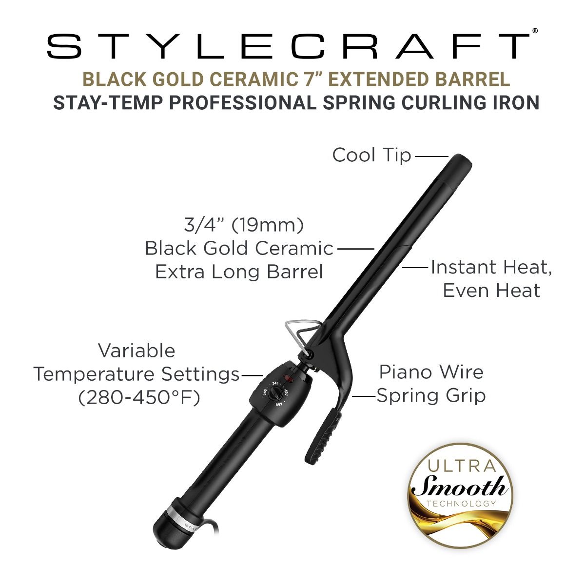 Stay-Temp Professional Ceramic Extended Barrel .75" Curling Iron - Image 6