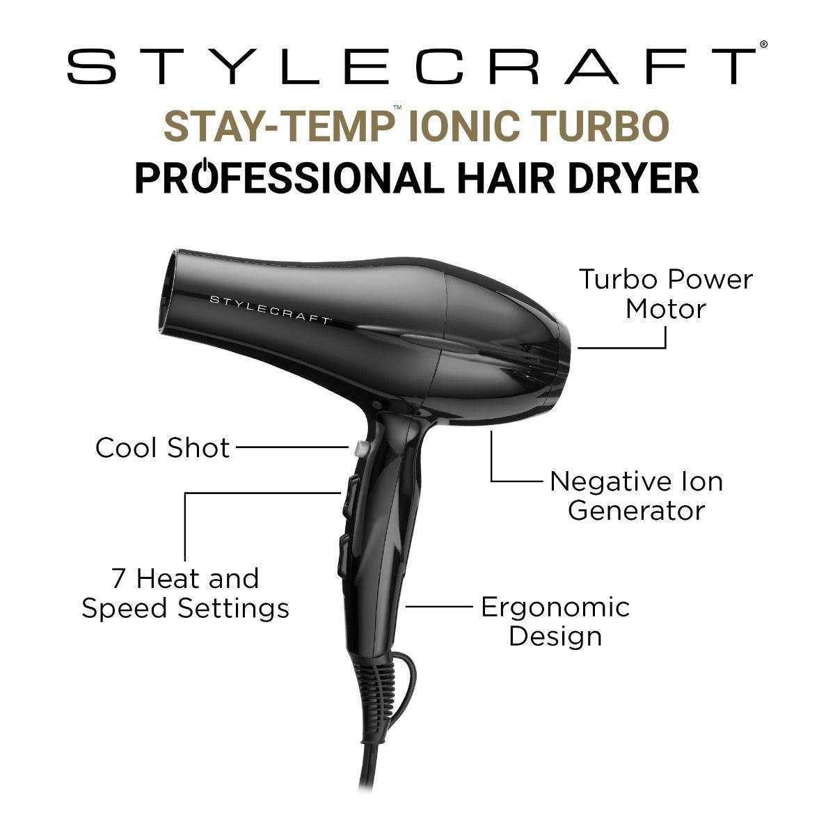 Stay-Temp Professional Hair Dryer with Turbo Power Motor - Image 7
